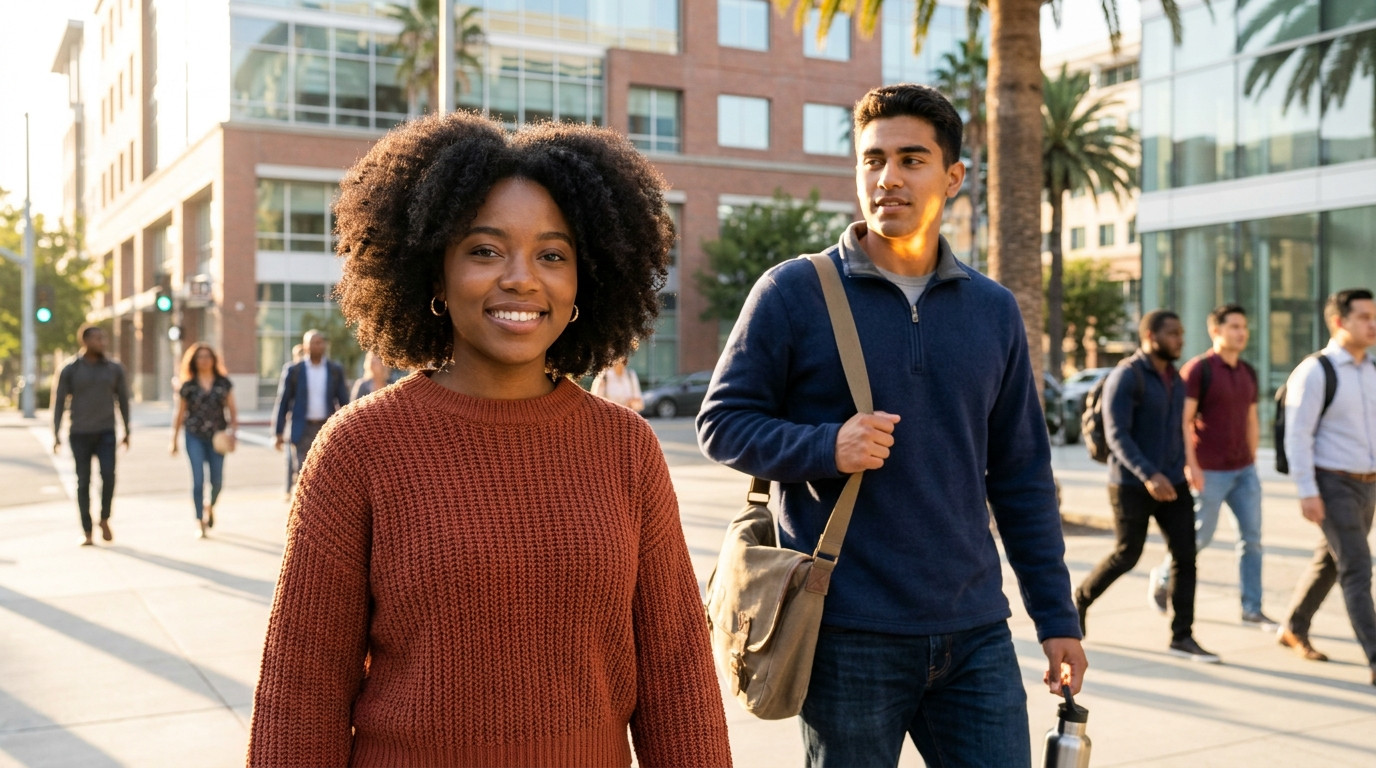 A college student in a simple navy quarter-zip walking through a sunlit downtown San Jose sidewalk on a warm August morn