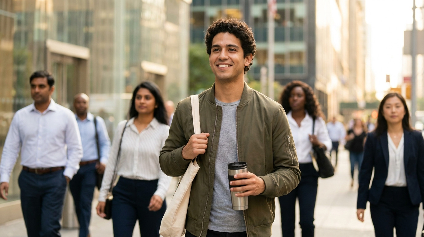 A college student in a light denim jacket walking through a sunlit Midtown Manhattan sidewalk on a warm September mornin