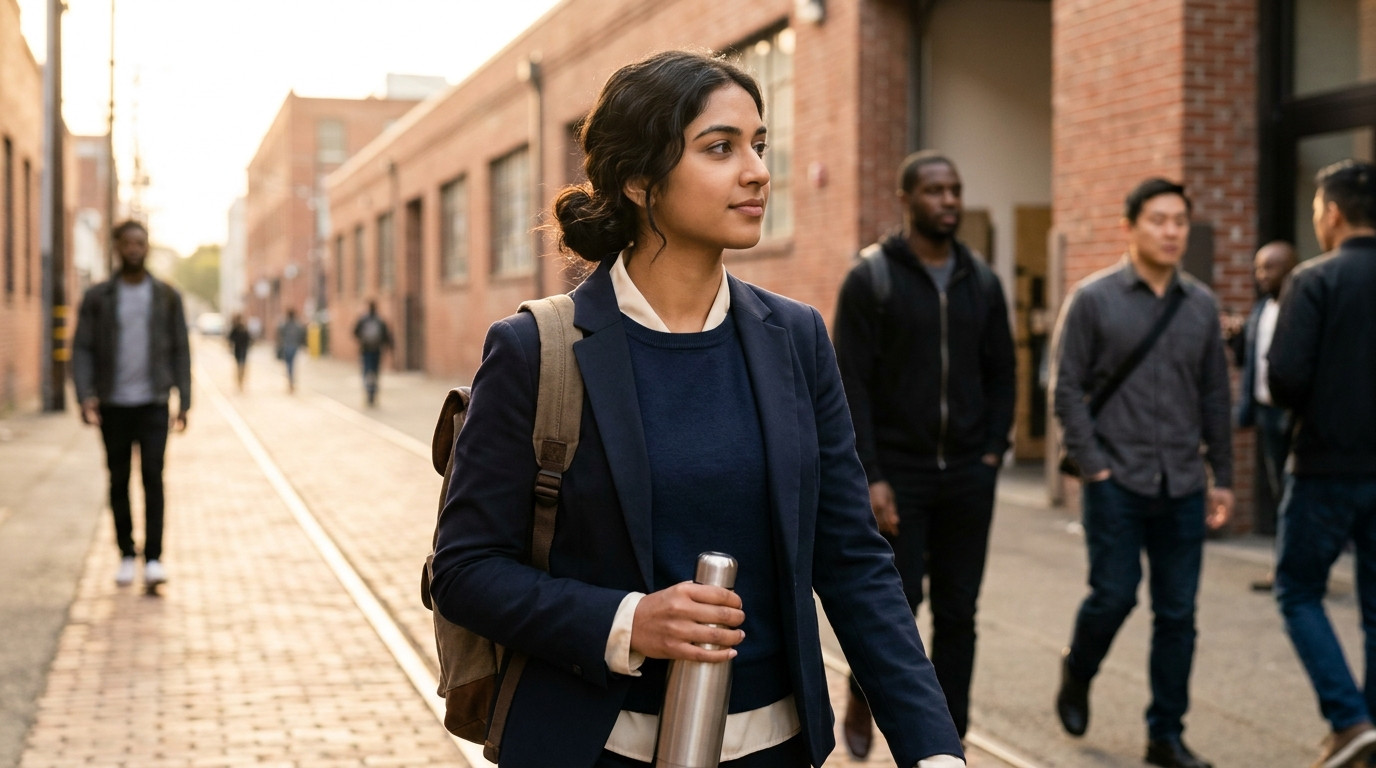 A college student in a plain dark-blue crewneck sweater walking through the SoMa neighborhood in San Francisco on a clea
