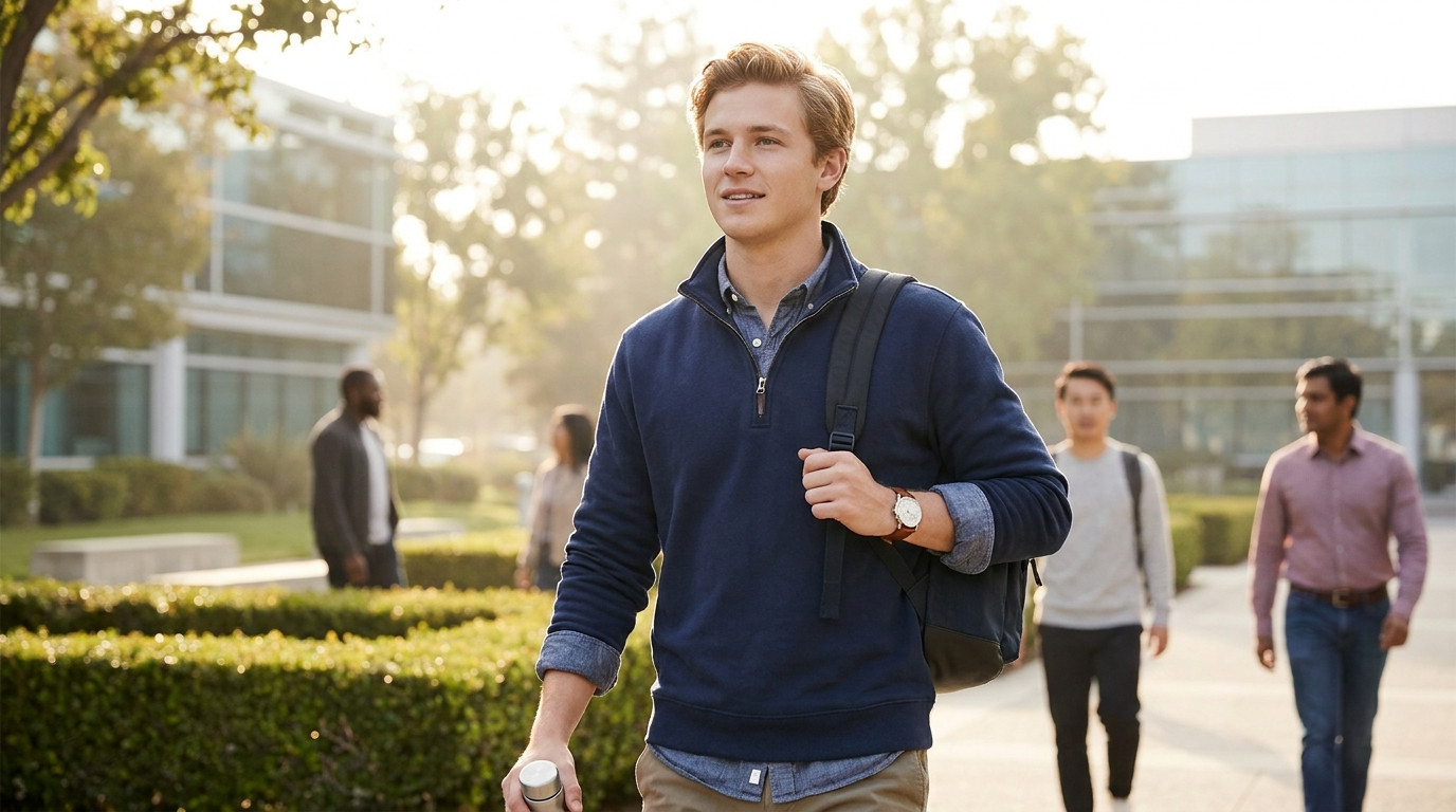 A college student in a plain navy quarter-zip walking through a sunny Silicon Valley office park in the morning, low gla