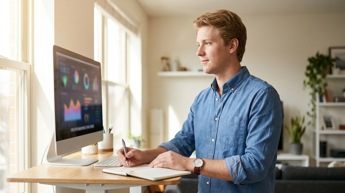 A graduate student in a simple gray t-shirt working at a standing desk in a bright apartment, a large monitor showing ab