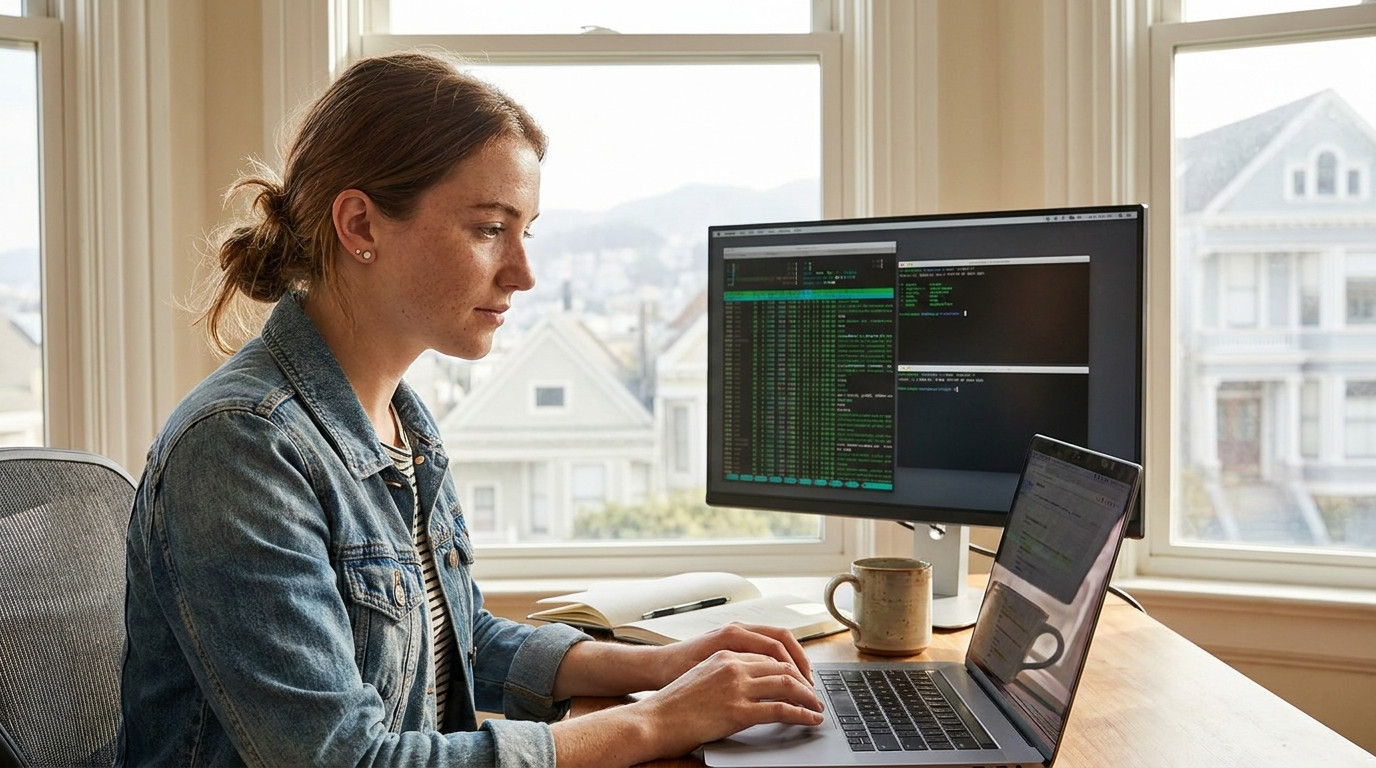 A focused student sitting at a minimalist desk in a bright San Francisco apartment, working intently on a laptop with mu