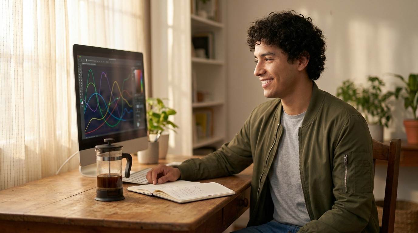 A graduate student sitting at a wide wooden desk in a quiet home office at mid-morning, a single large monitor displayin