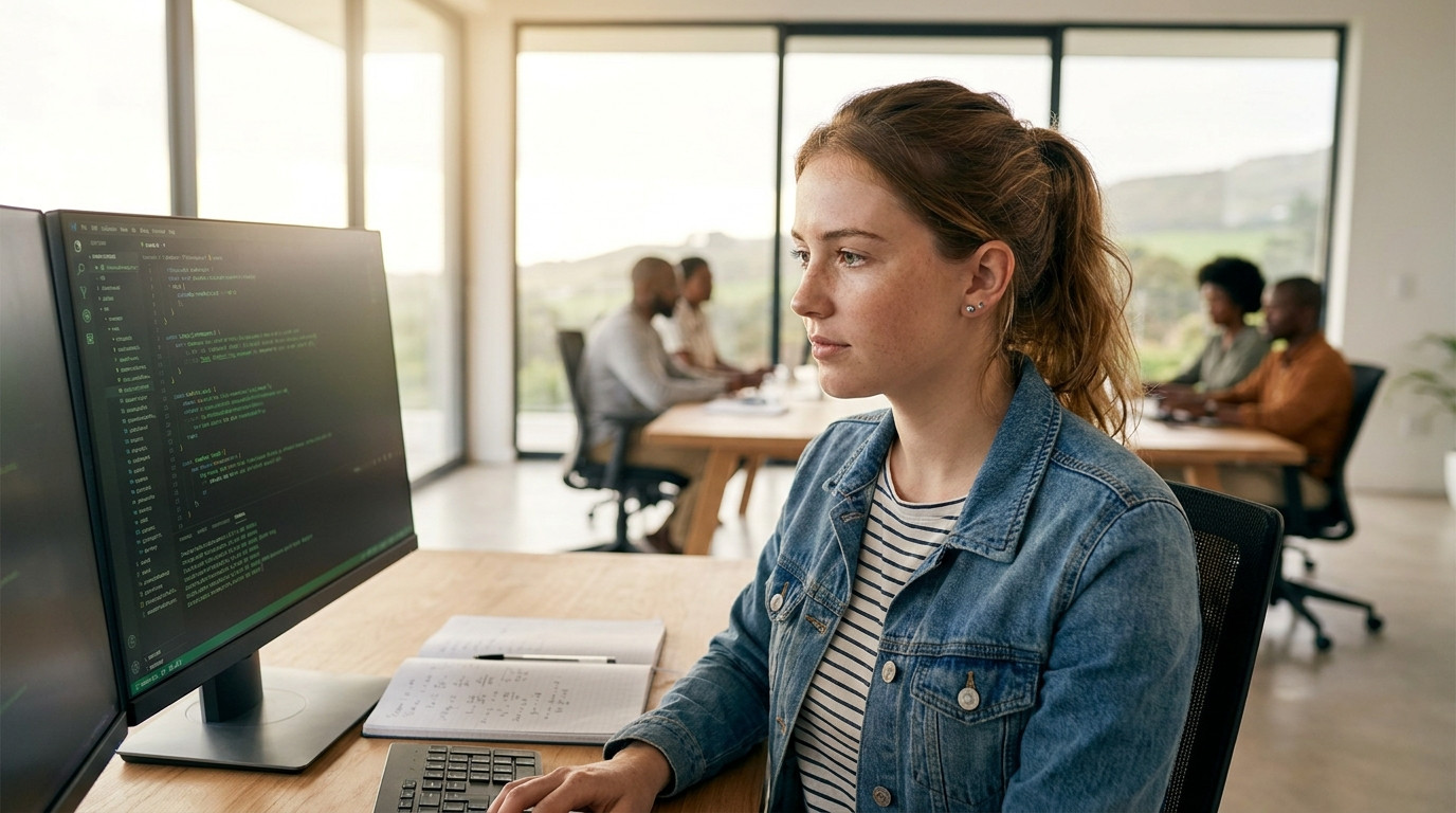 A PhD student working alone at a desk in a minimalist open-plan office with floor-to-ceiling windows overlooking green h