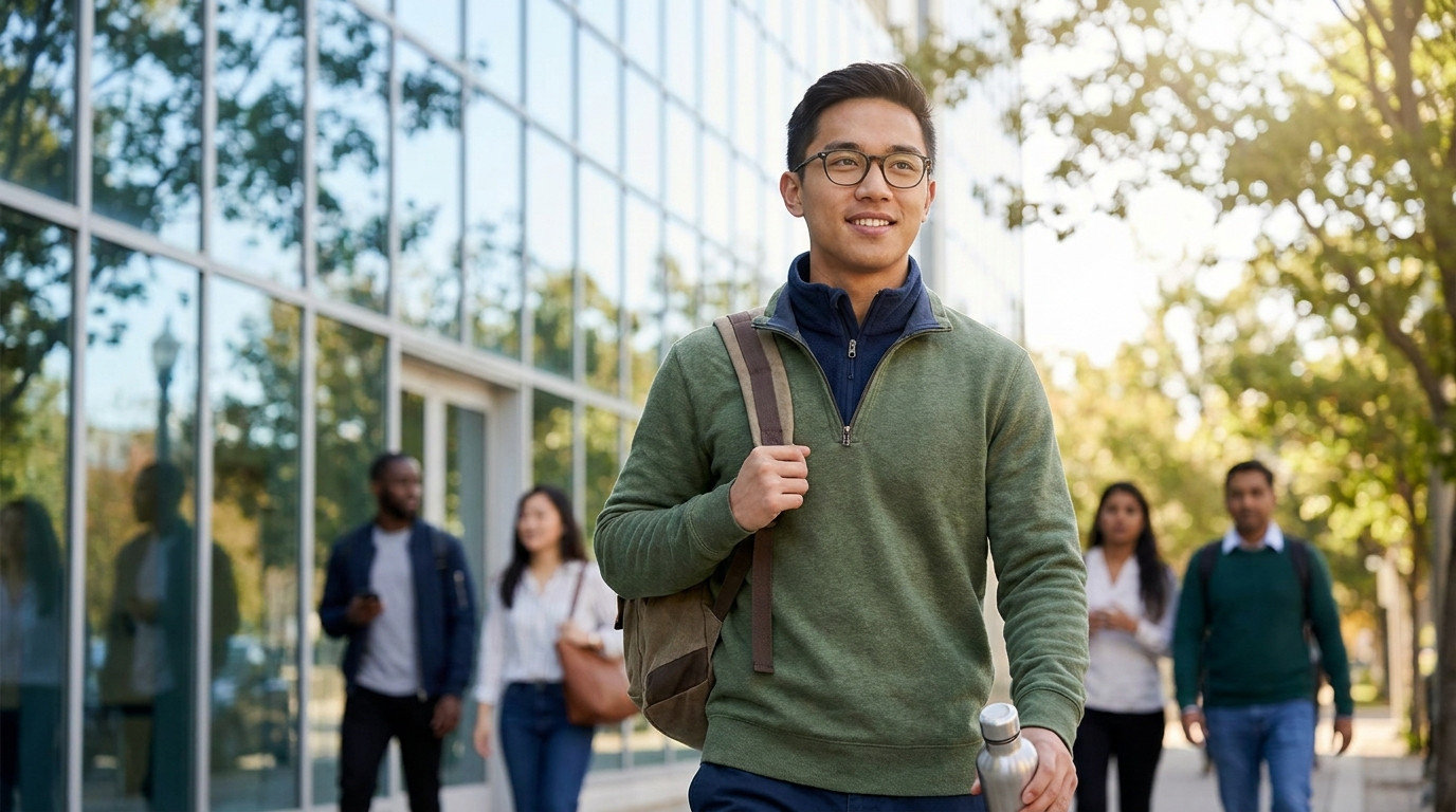 A college student in a plain navy quarter-zip walking past a modern low-rise office building on a bright summer morning,