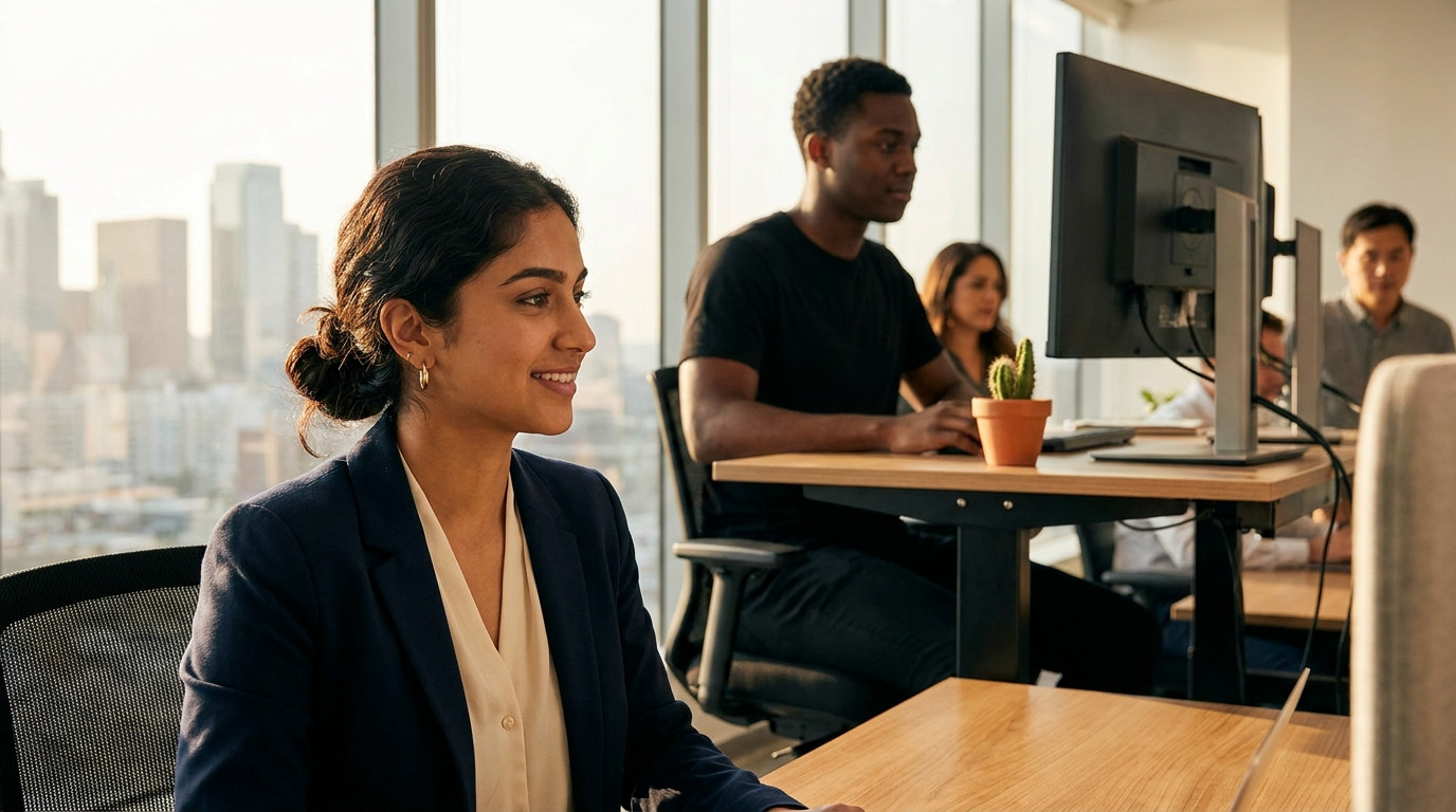 A young engineer in a casual black t-shirt sitting at a standing desk in a bright open-plan office with floor-to-ceiling