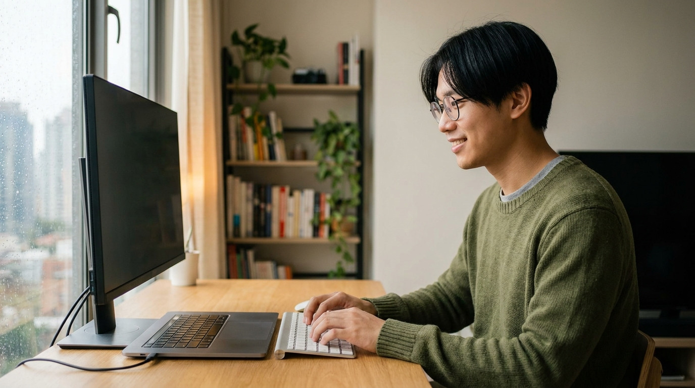 A college student in a simple heather-gray crewneck sitting at a clean home-office desk with a large external monitor, t