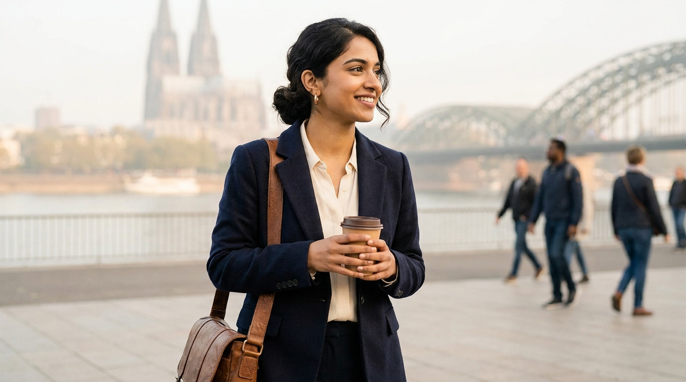 A graduate student in a simple navy wool coat walking along the Rhine river promenade in Cologne on a crisp autumn morni