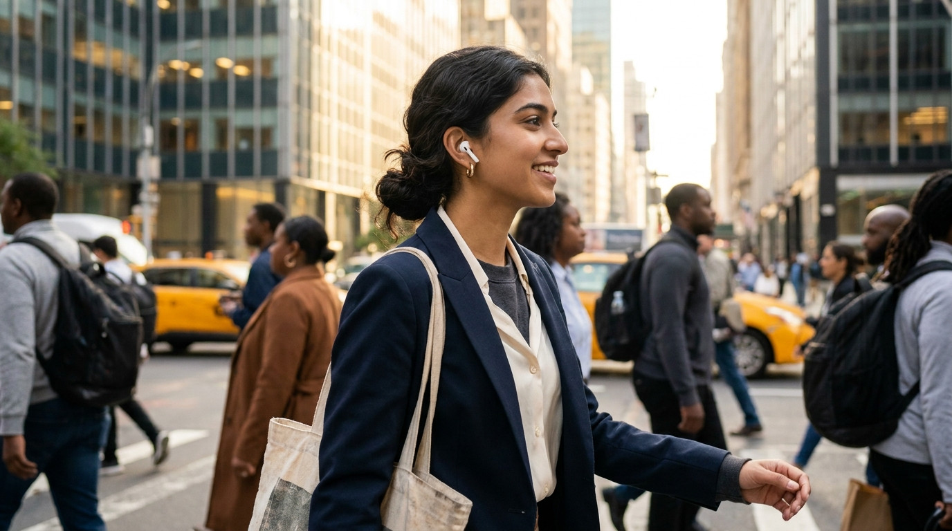 A young engineer in a simple charcoal crewneck walking through a busy Manhattan sidewalk on a warm morning, tall glass o