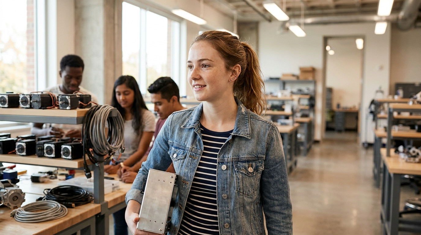 A college engineering student in a plain navy t-shirt walking through a bright modern robotics lab with tall ceilings an