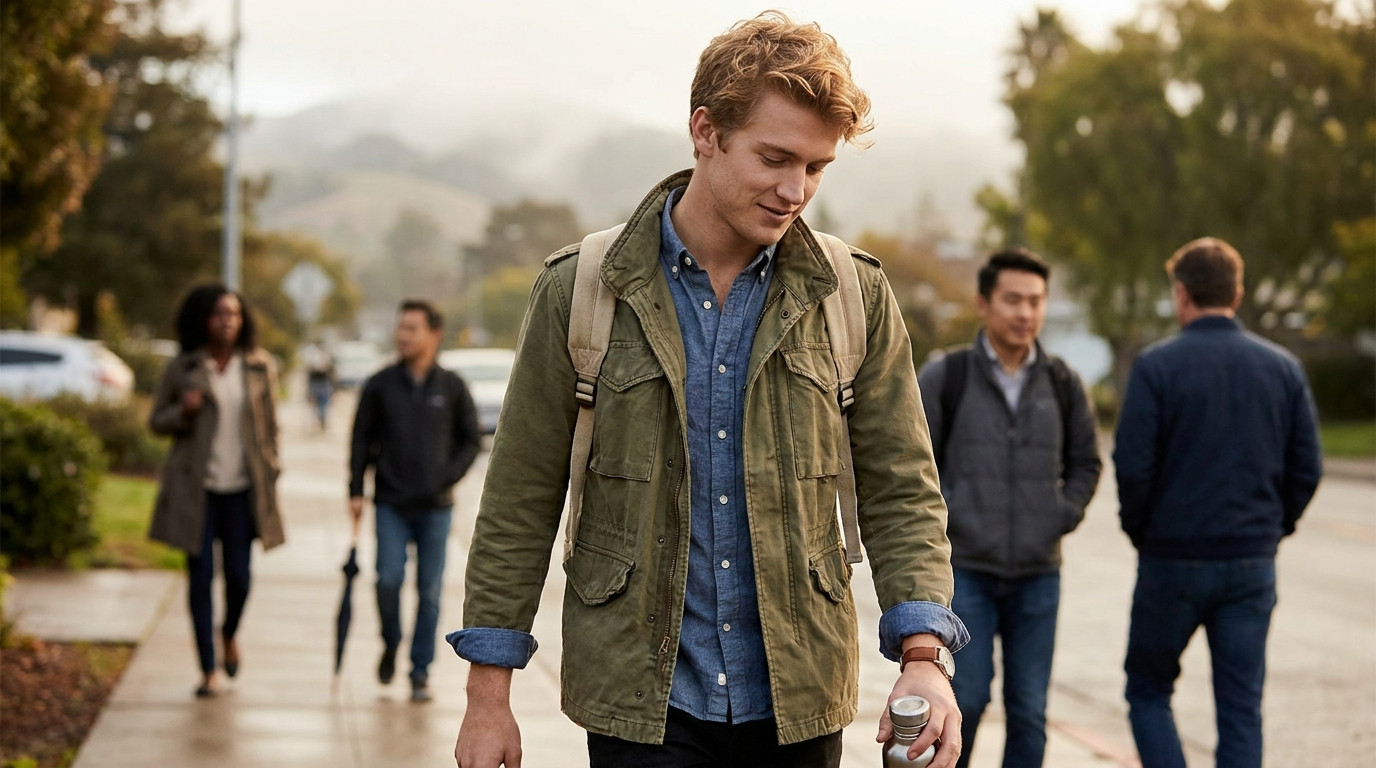 A graduate student in a simple olive-green field jacket walking along a tree-lined sidewalk in a quiet Bay Area suburb o