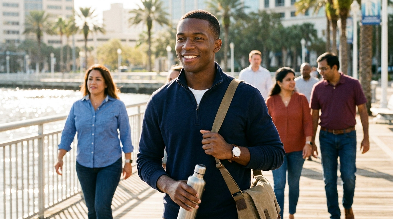 A college student in a light blue button-down shirt walking along a sunny waterfront boardwalk in downtown Jacksonville
