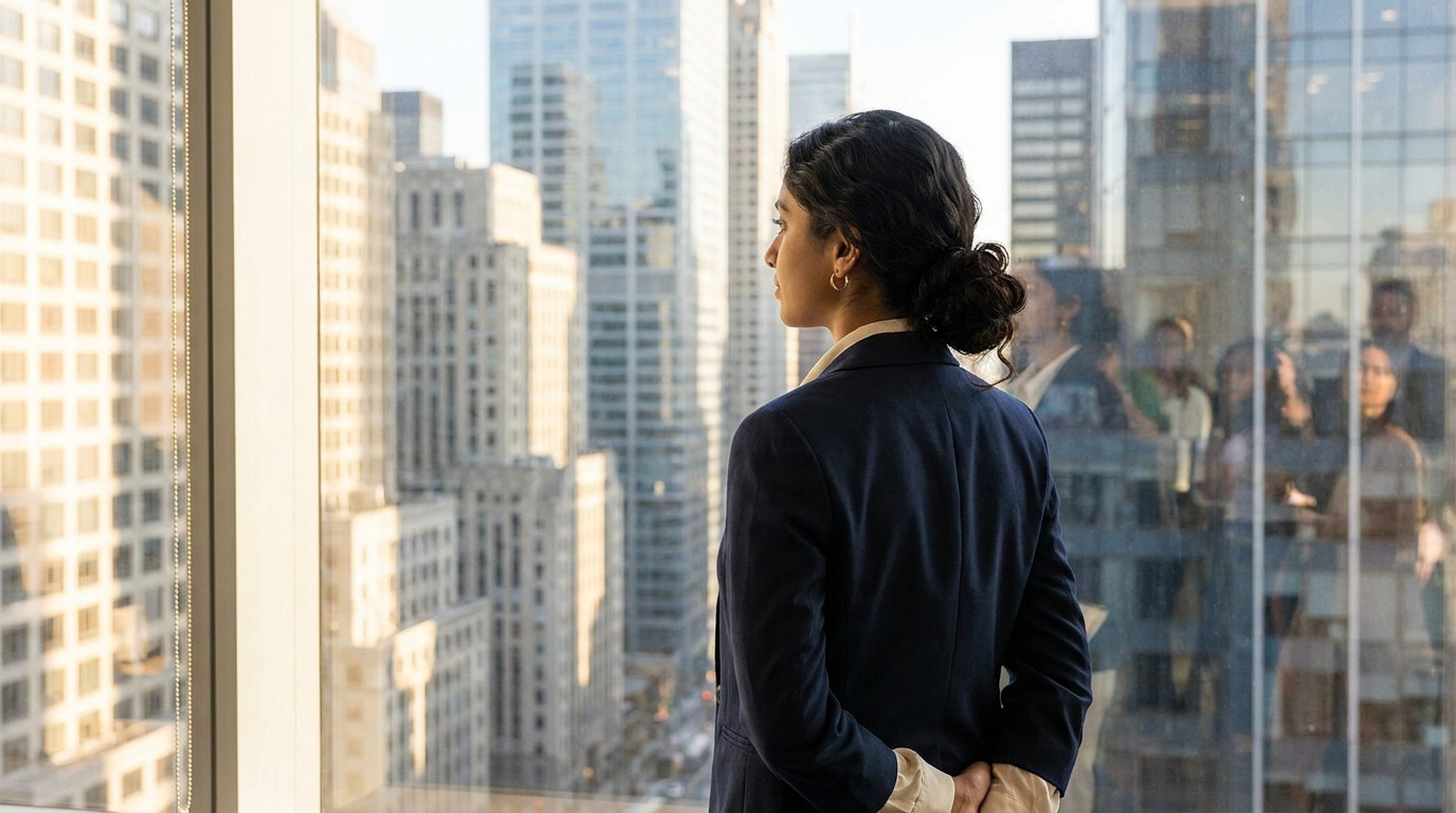 A young professional in a white button-down shirt standing at a floor-to-ceiling window in a high-rise office overlookin