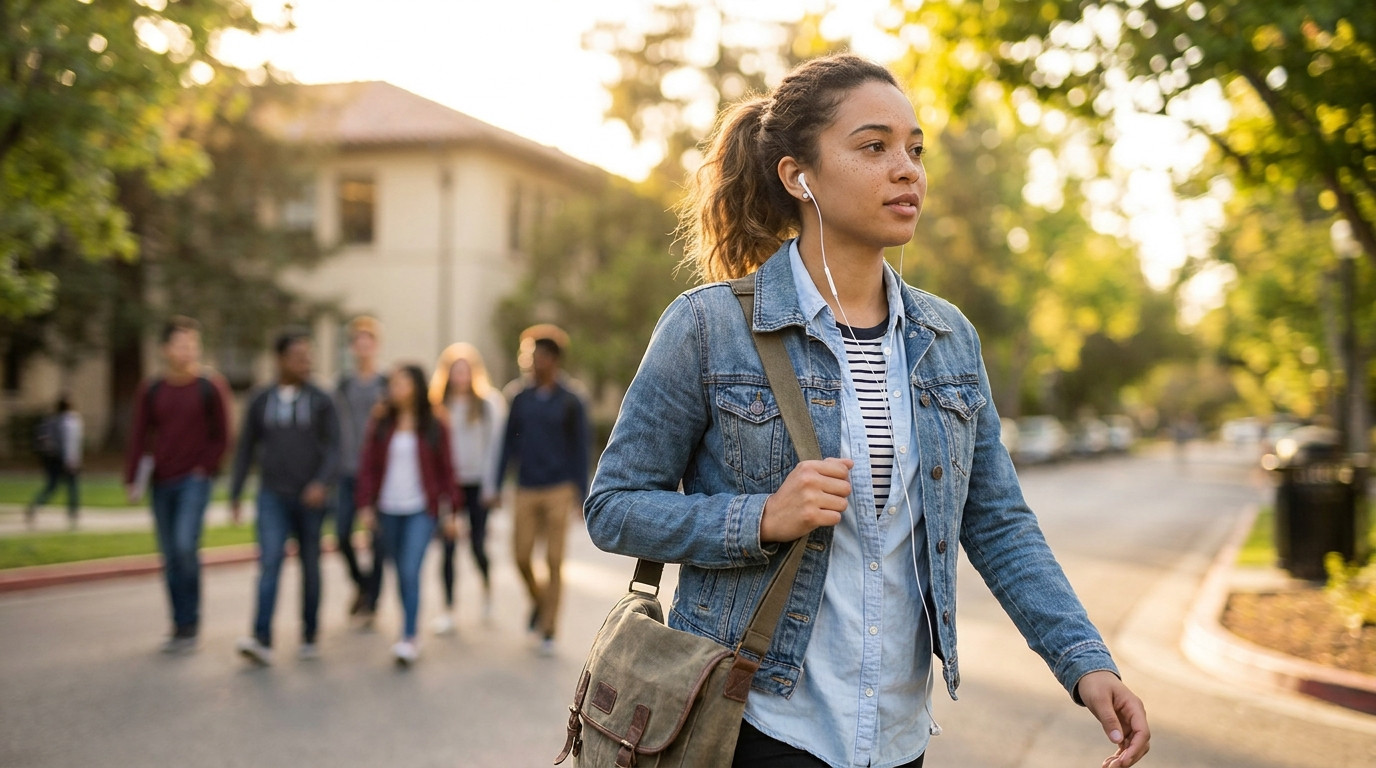 A college student in a light blue button-down shirt walking through a sunny tree-lined street in Palo Alto on a warm Sep