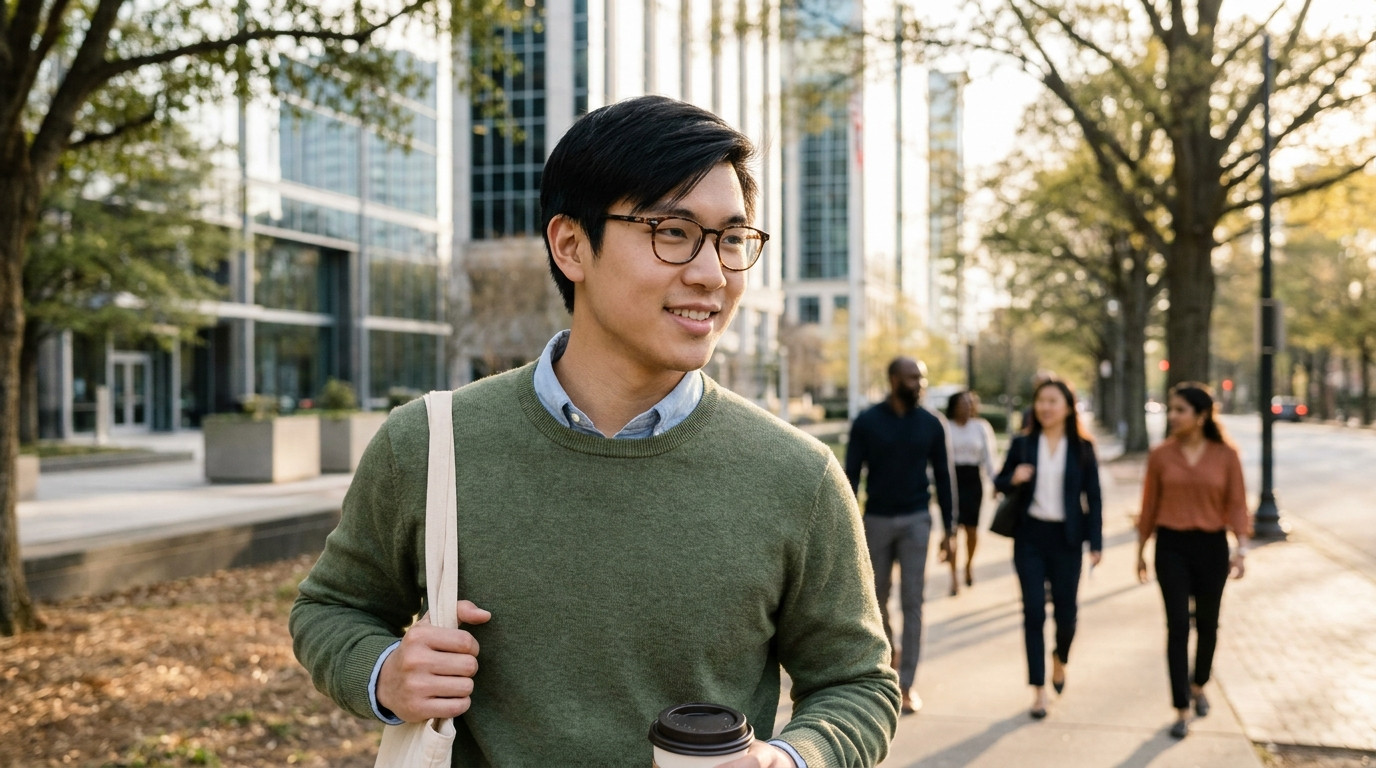 A college student in a light blue button-down shirt walking through a sunlit Atlanta sidewalk on a warm summer morning,