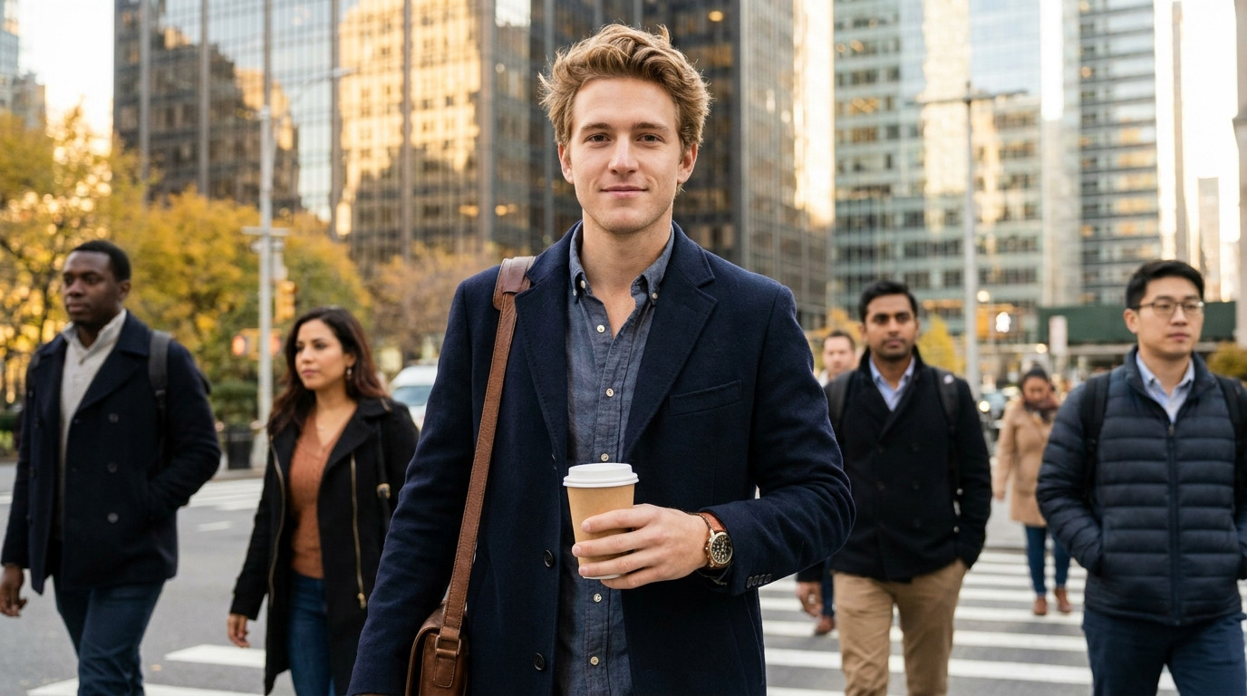 A college student in a fitted navy overcoat walking through a Midtown Manhattan crosswalk on a crisp fall morning, glass