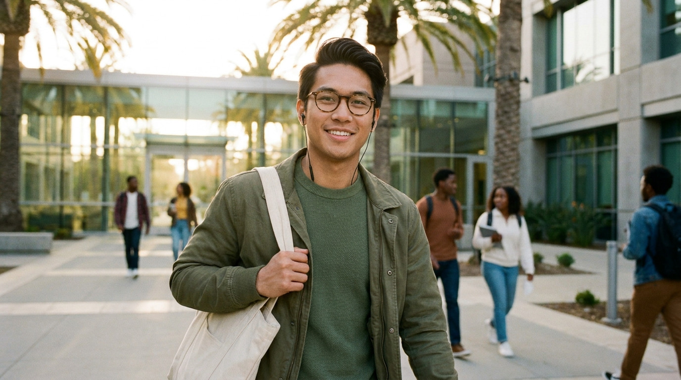 A college student in a plain olive-green jacket walking through a modern tech campus courtyard on a clear morning, a few