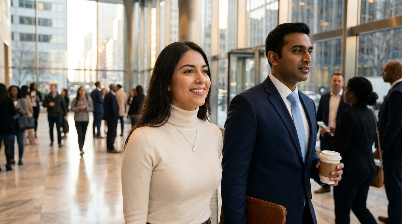 A college student in a tailored navy suit and light blue tie walking through a glass-walled midtown Manhattan lobby at s