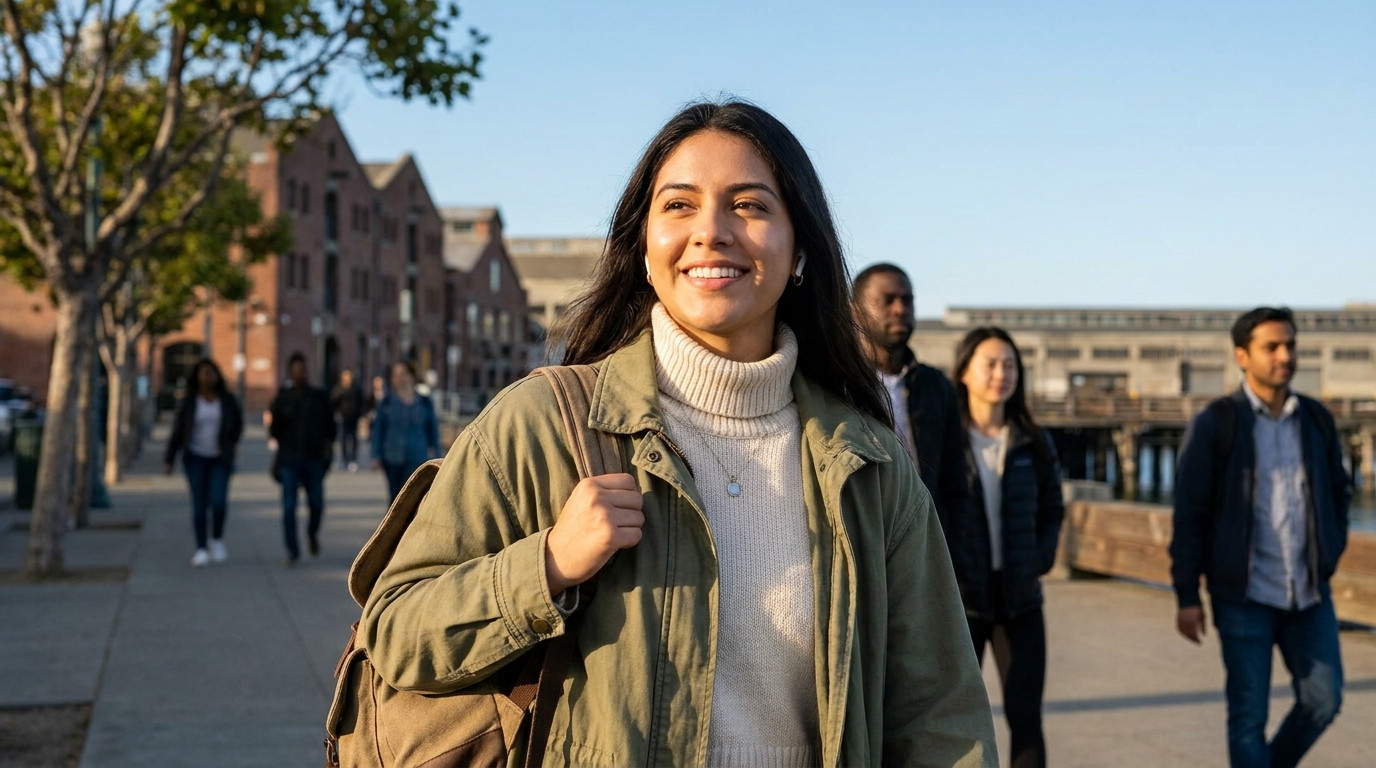 A college student in a casual olive-green jacket walking through a sunny San Francisco sidewalk near a waterfront pier,