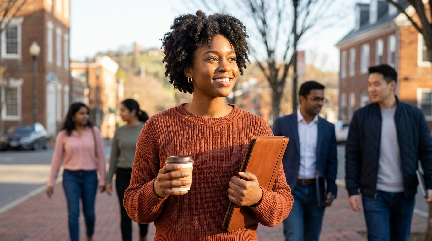 A college student in business casual attire crossing a tree-lined sidewalk in downtown Richmond, Virginia on a clear mor