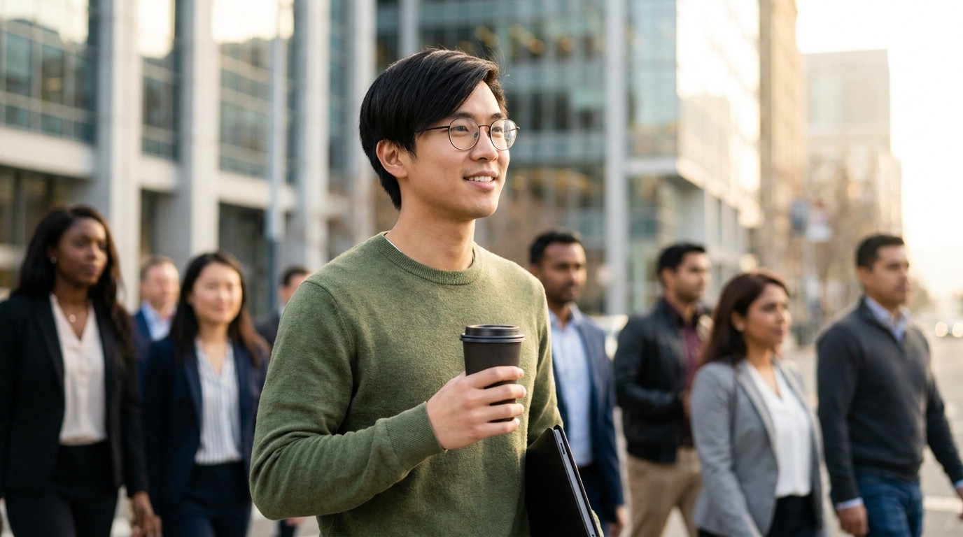 A student in a casual blazer and plain crew-neck tee walking through a sunlit downtown San Francisco street near the Emb