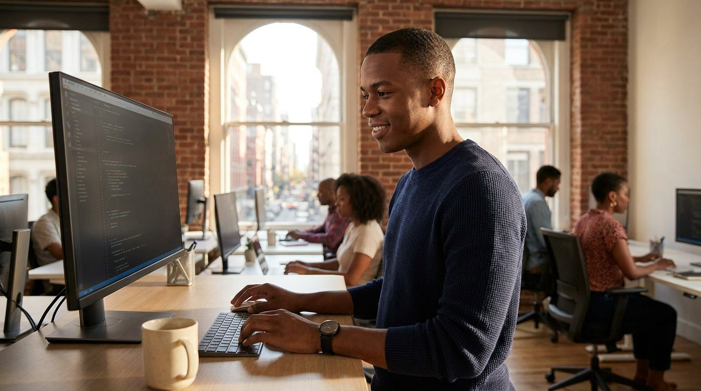 A young software engineer sitting at a standing desk in a modern downtown loft office with exposed brick walls and tall