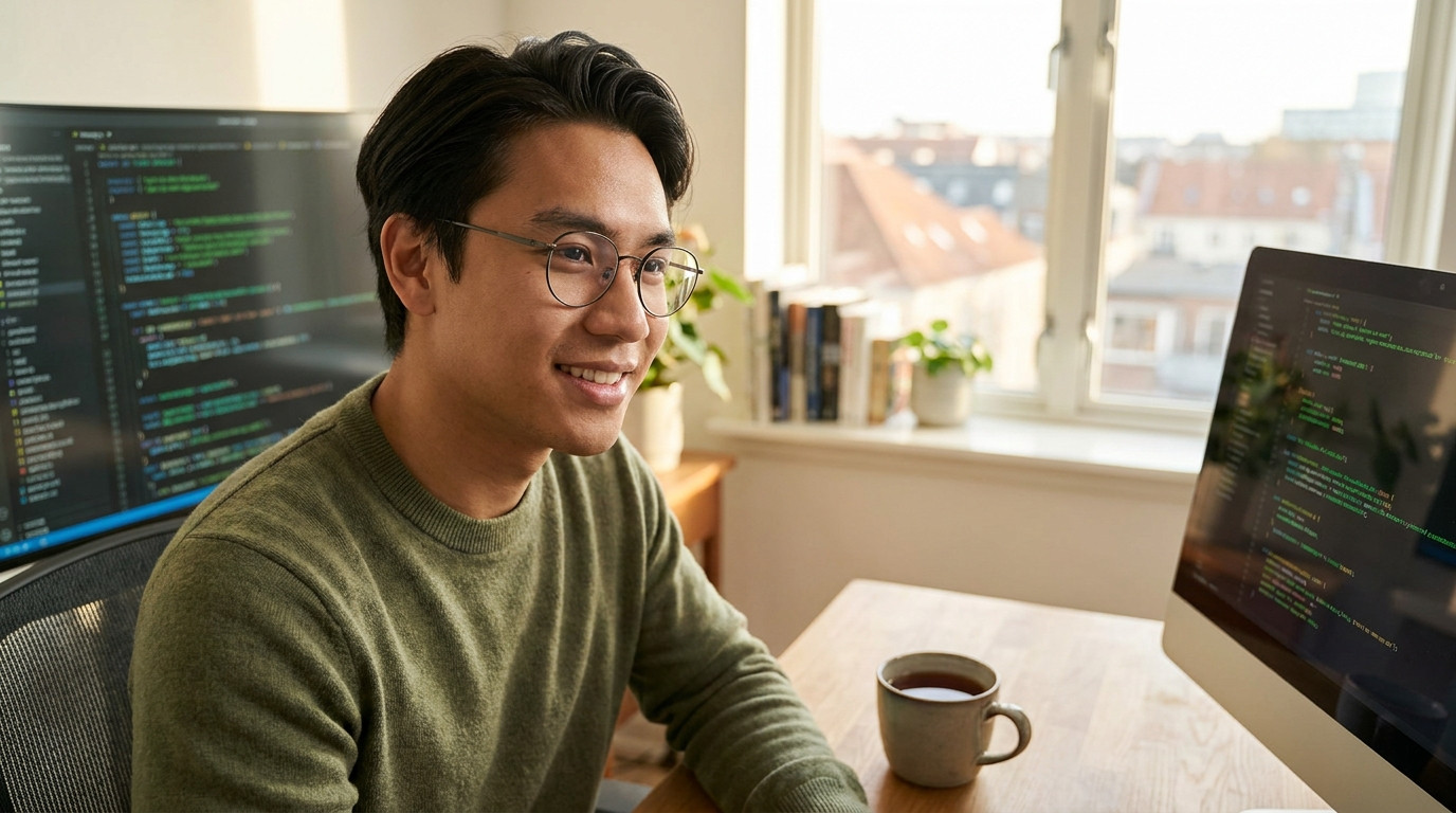 A graduate student in a simple crewneck sweater working from a bright home office with a large monitor showing code, a c