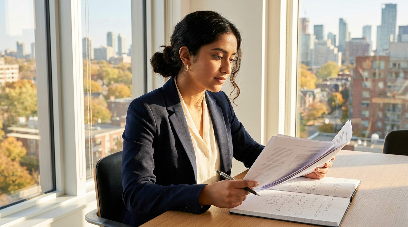 A graduate student seated at a clean desk in a bright Toronto apartment with floor-to-ceiling windows overlooking a city
