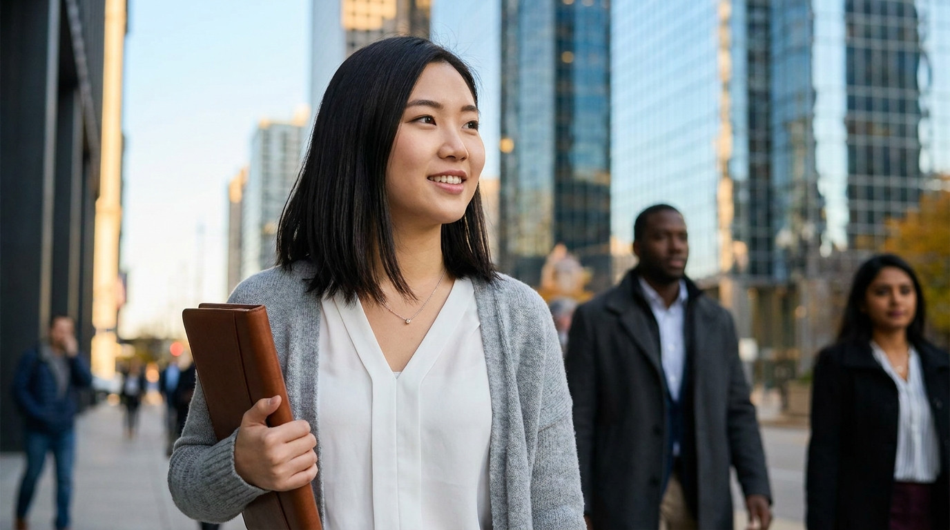 A young professional in a fitted blazer and crisp white shirt walking through a downtown Chicago sidewalk on a clear aut