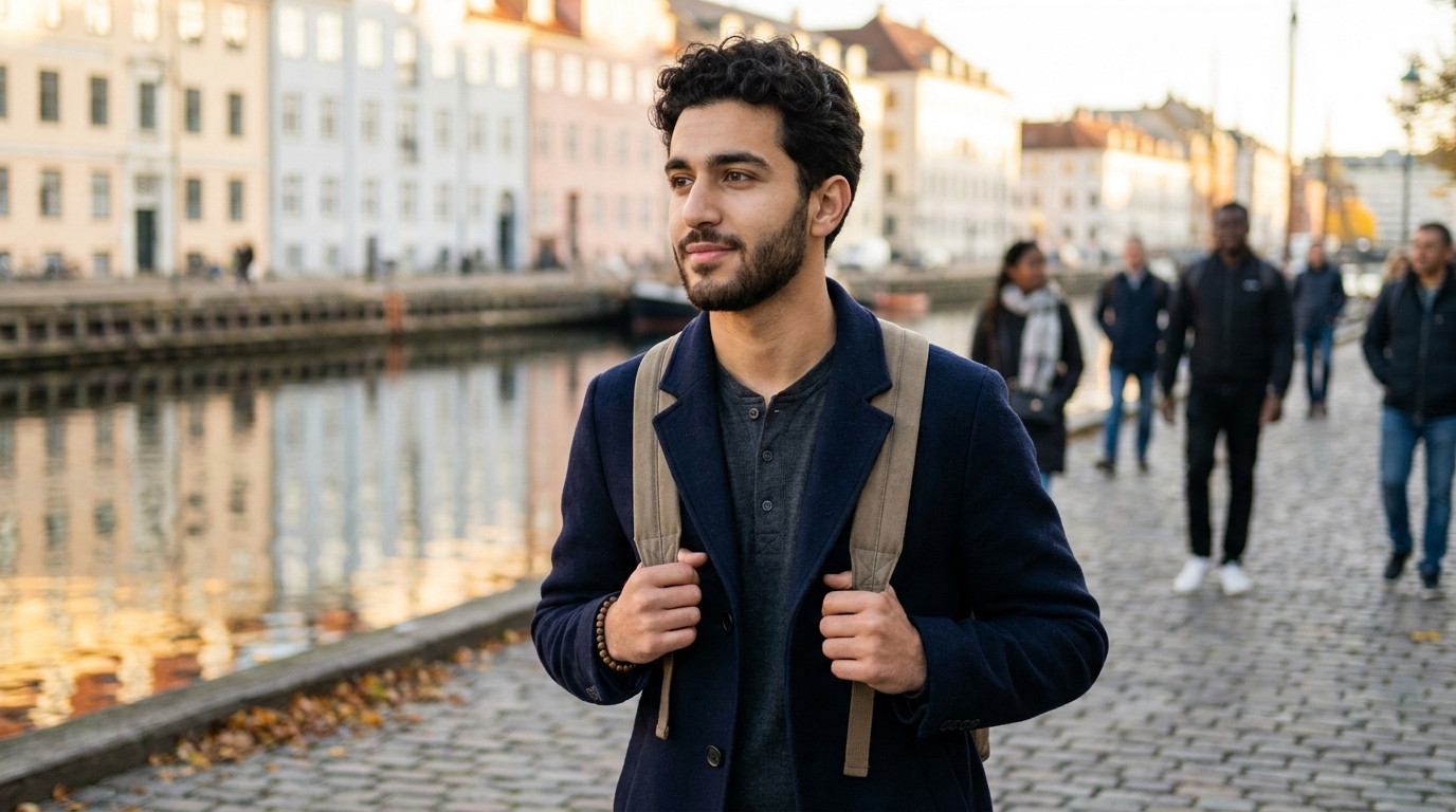 A young software engineer walking along a cobblestone waterfront in a Scandinavian city on a crisp autumn morning, muted