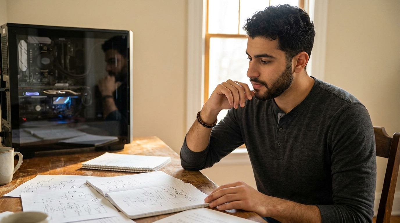 A graduate student in a plain charcoal pullover studying GPU architecture diagrams spread across a clean wooden desk, a