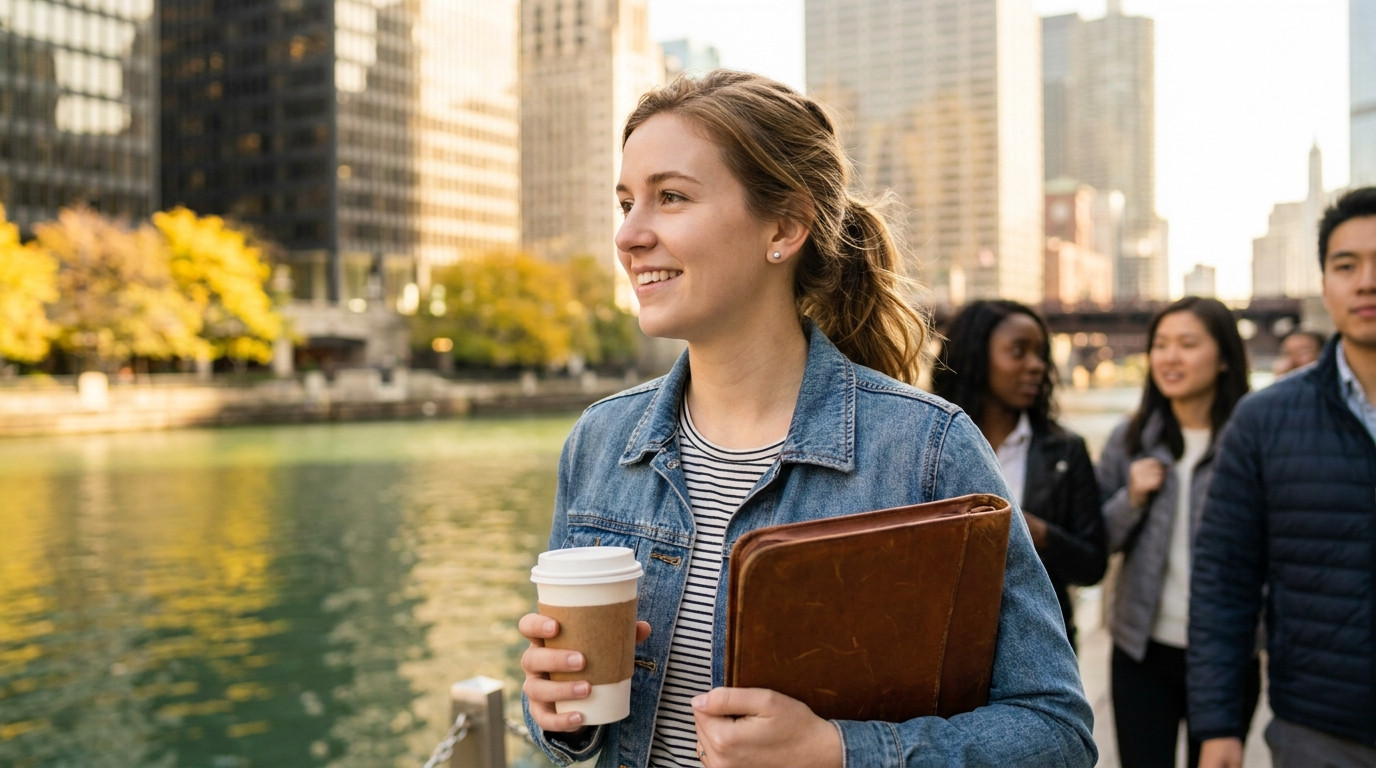 A college student in a black turtleneck walking along the Chicago Riverwalk on a crisp autumn morning, skyscrapers refle