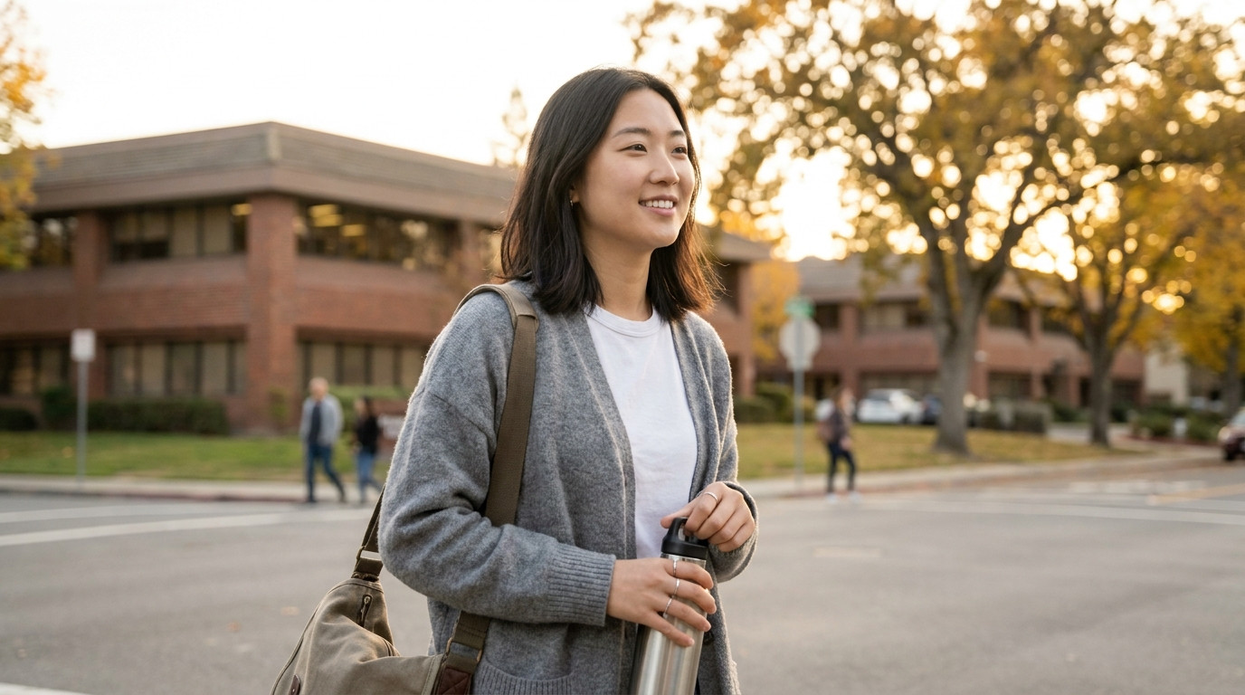A college student in a plain navy windbreaker walking along a tree-lined suburban street in the San Francisco Peninsula