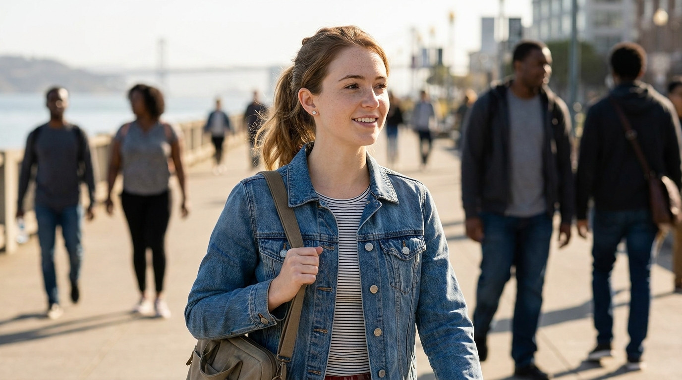 A young professional in a casual denim shirt walking along an Oakland waterfront path on a clear morning, the San Franci