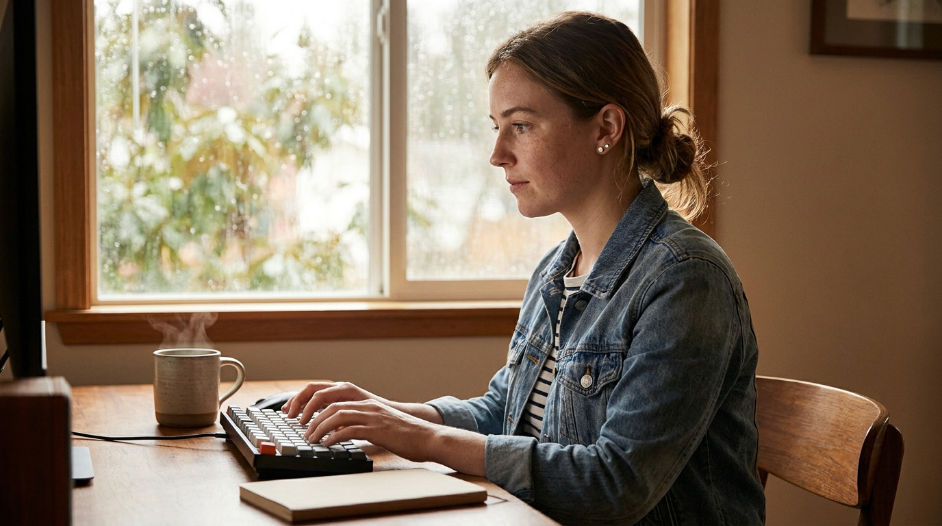 A college student in a heather-gray t-shirt sitting at a clean home-office desk by a large window on a rainy afternoon,