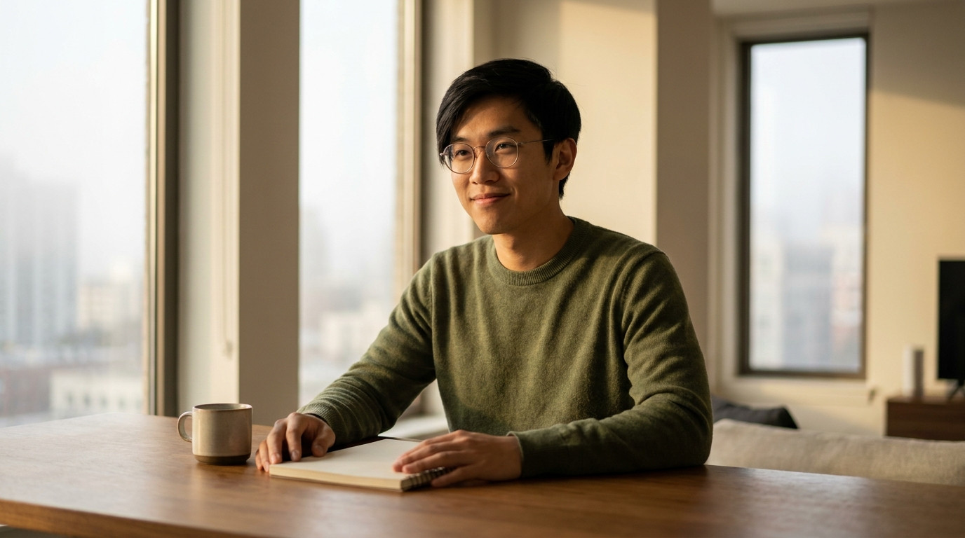 A young person in a plain dark crewneck sweater sitting alone at a wide wooden desk in a minimalist San Francisco apartm