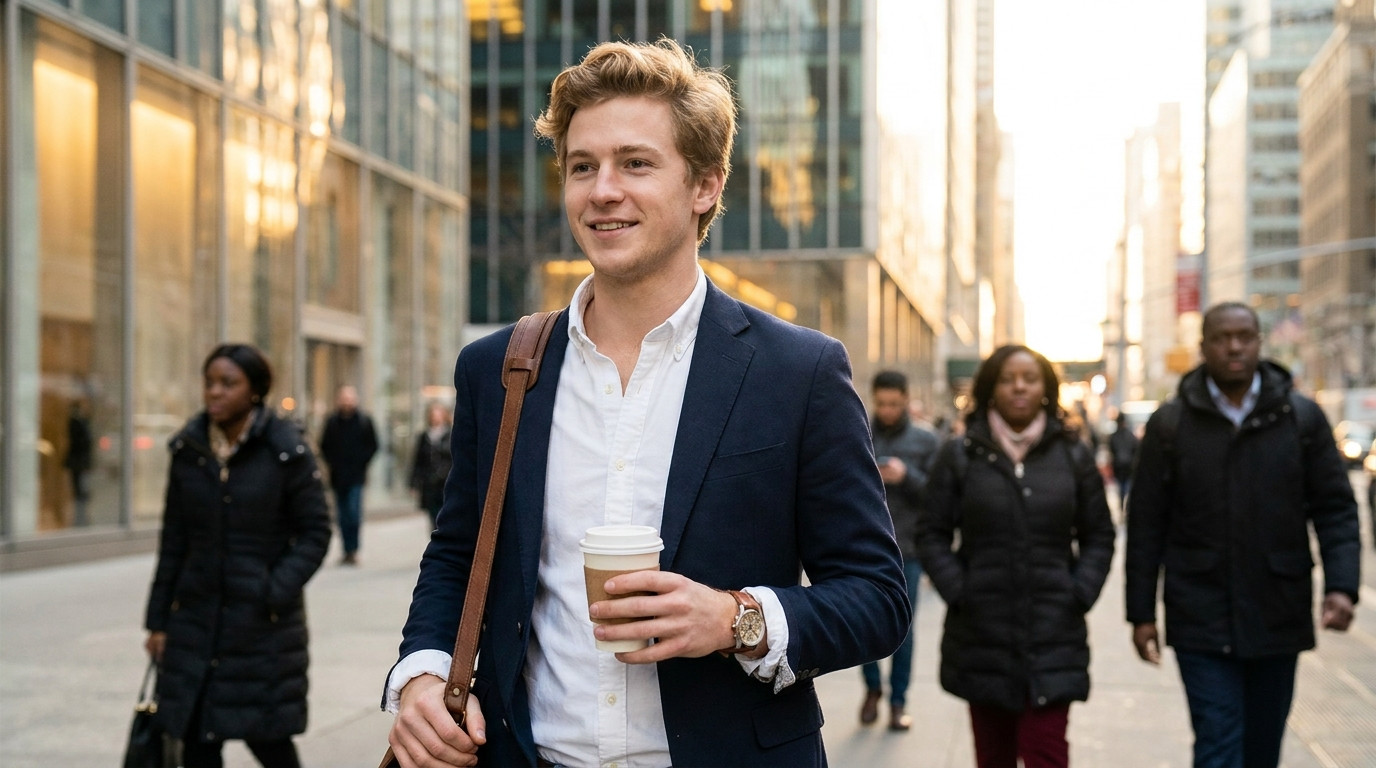 A college student in a fitted navy blazer over a simple white shirt walking through a morning-lit Midtown Manhattan side