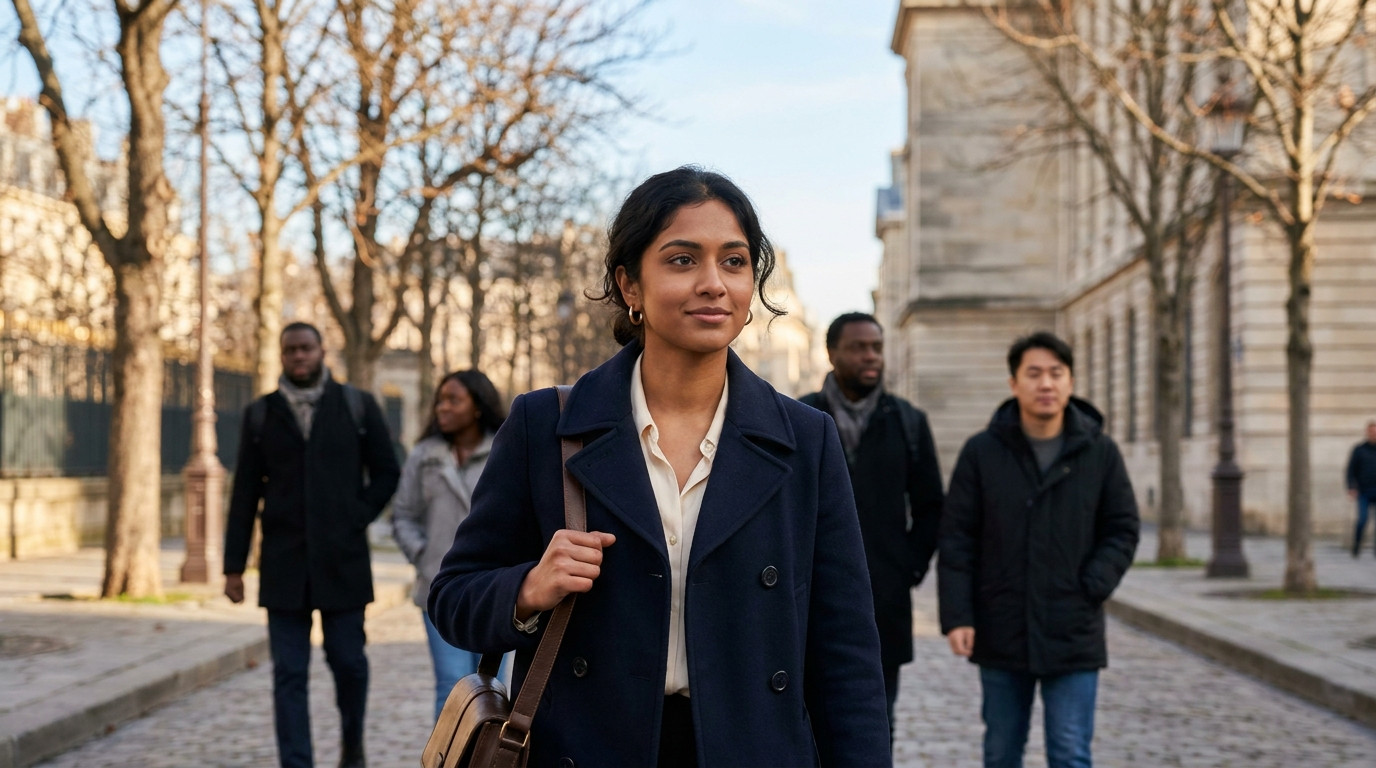 A graduate student walking along a cobblestone Parisian side street on a crisp winter morning, wearing a navy peacoat an