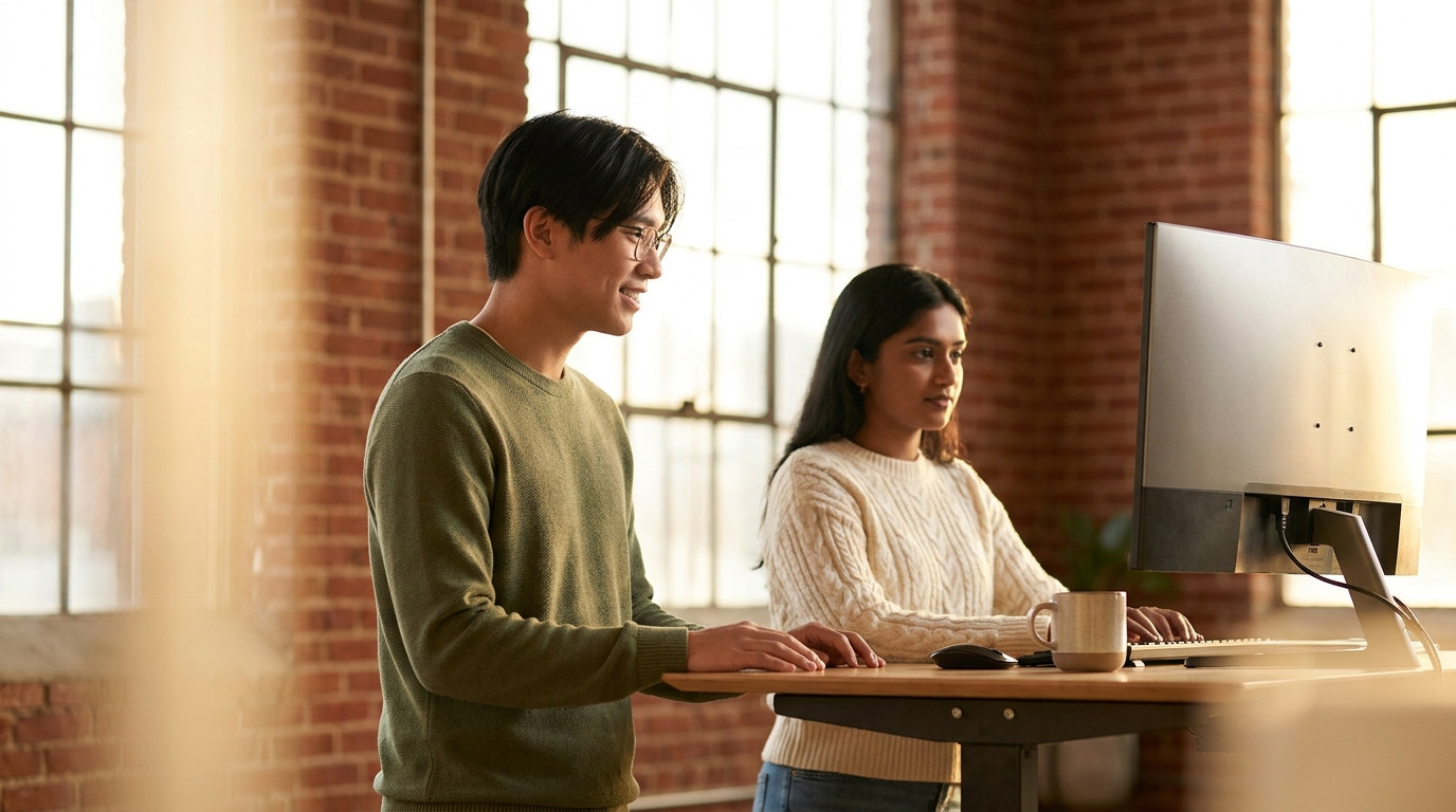 A student in a cream-colored cable-knit sweater working at a standing desk in a bright loft-style space with exposed red
