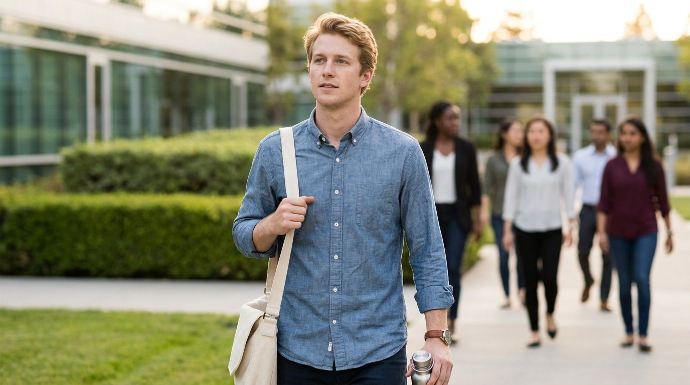 A college student walking through a sunlit Silicon Valley office park on a warm summer morning, manicured hedges and low