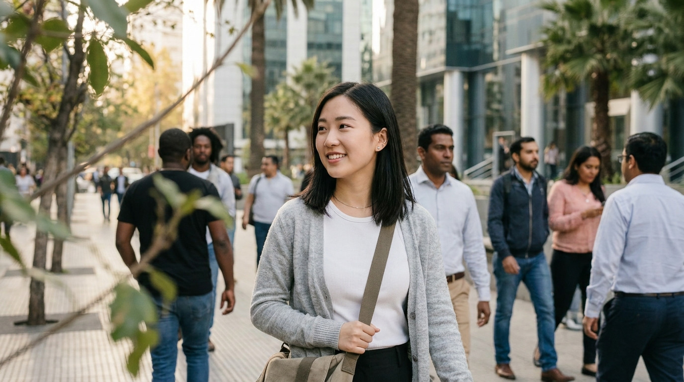 A college student in a light linen blazer walking through a tree-lined sidewalk in a warm Latin American city on a sunny