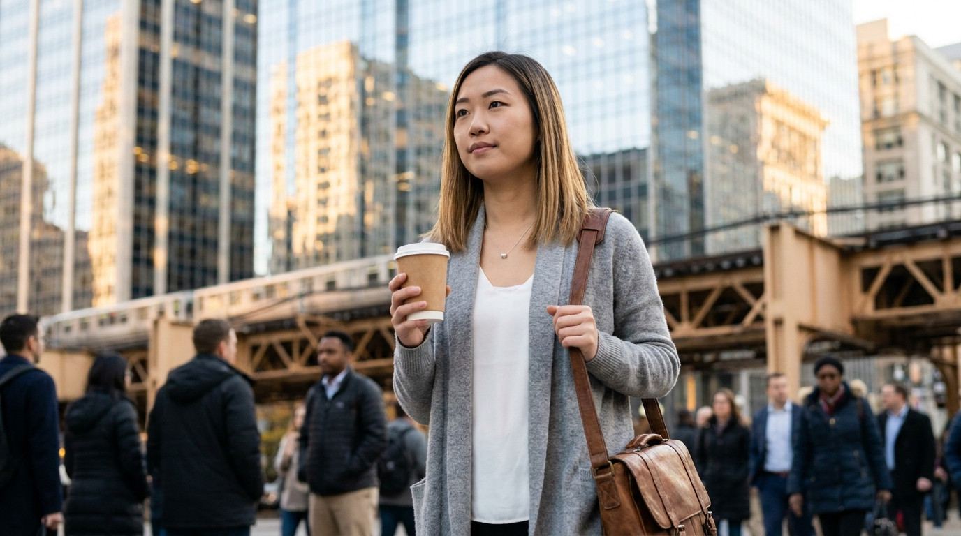 A college student in a simple navy crewneck sweater walking through Chicago's financial district on a crisp autumn morni
