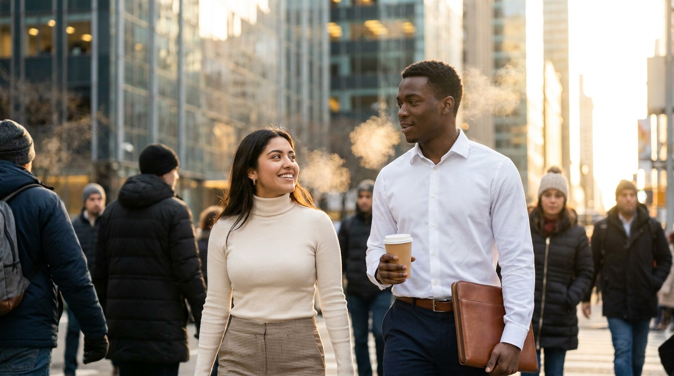 A college student in a crisp white dress shirt and navy slacks walking through a Manhattan sidewalk on an early January
