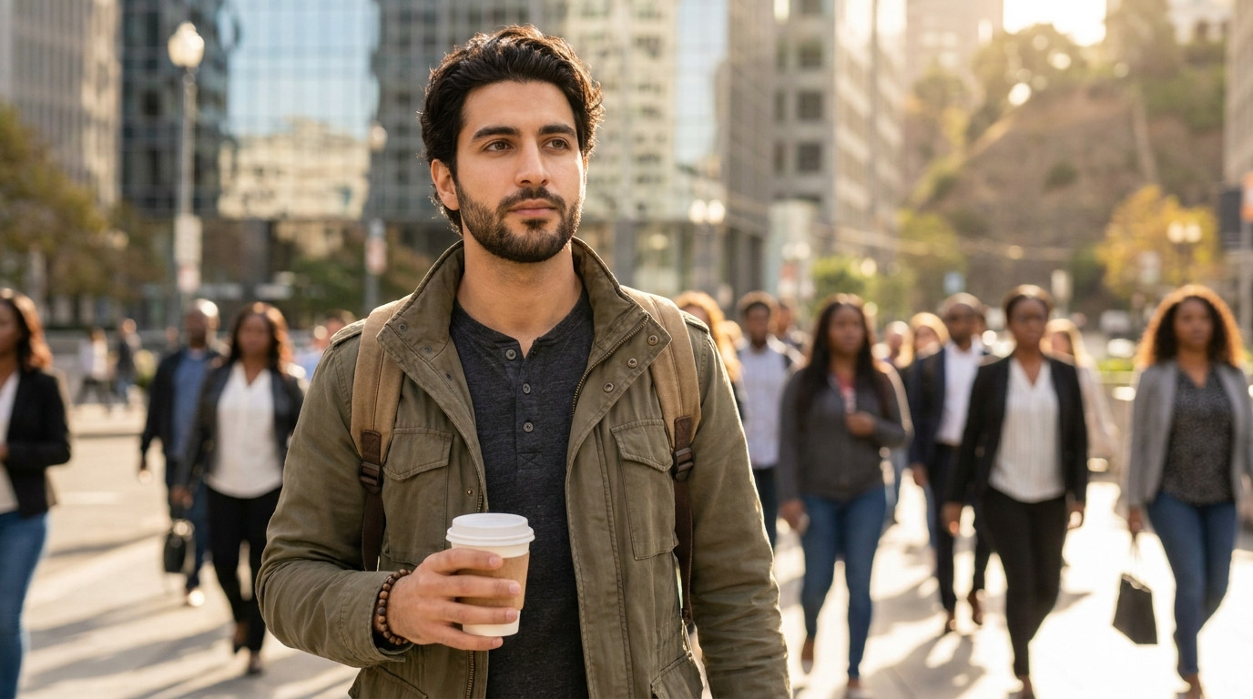 A young professional in a simple olive field jacket walking through San Francisco's Financial District on a bright fall