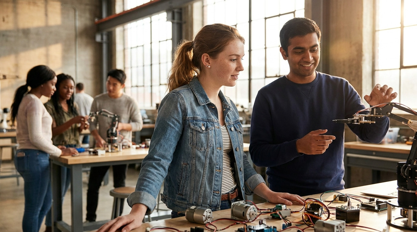 A graduate student in a plain navy pullover standing in a bright robotics lab, one hand resting on the edge of a workben