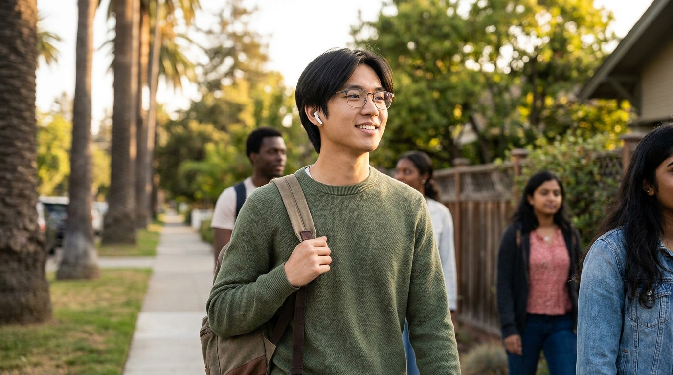 A young researcher in a simple dark crewneck sweater walking through a sunlit Palo Alto sidewalk lined with tall palm tr