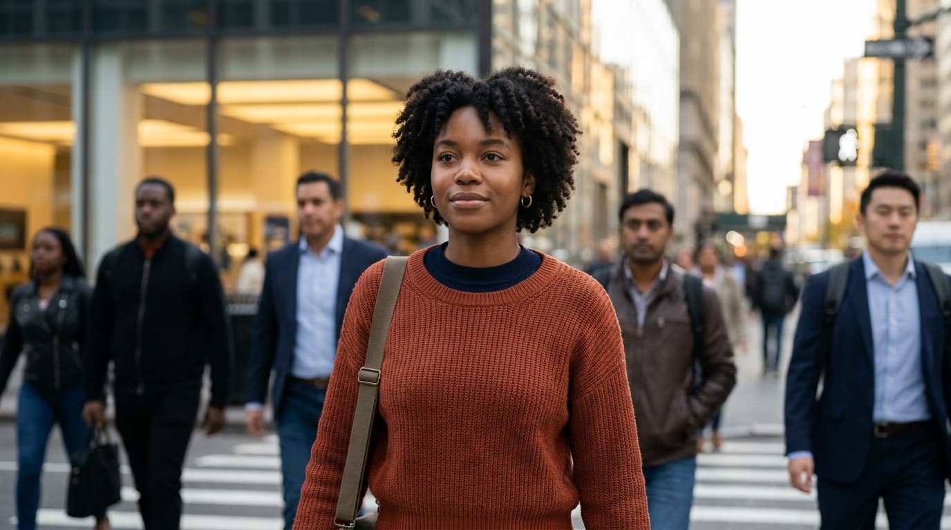 A college student in a dark navy crewneck sweater walking through a busy Manhattan crosswalk on a clear autumn morning,