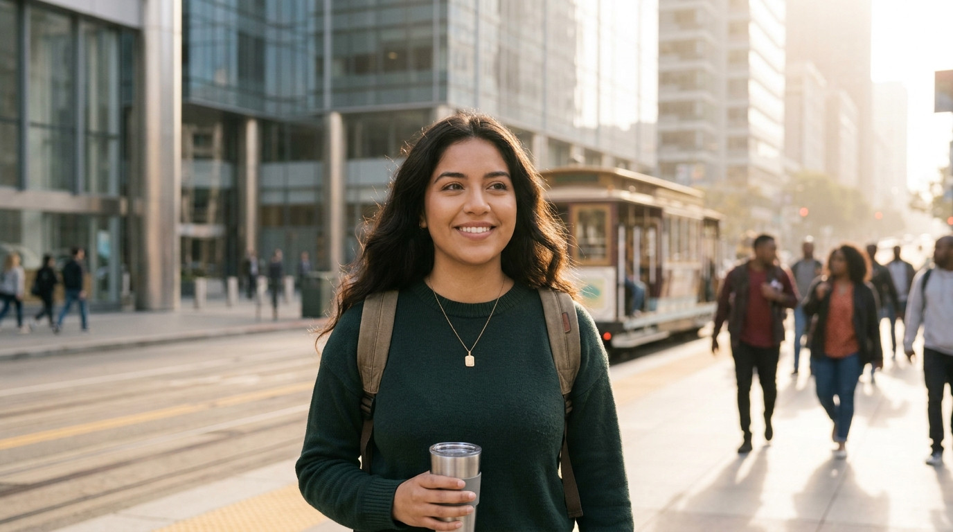 A college student in a plain dark-green pullover walking through a sunlit San Francisco street on a warm August morning,