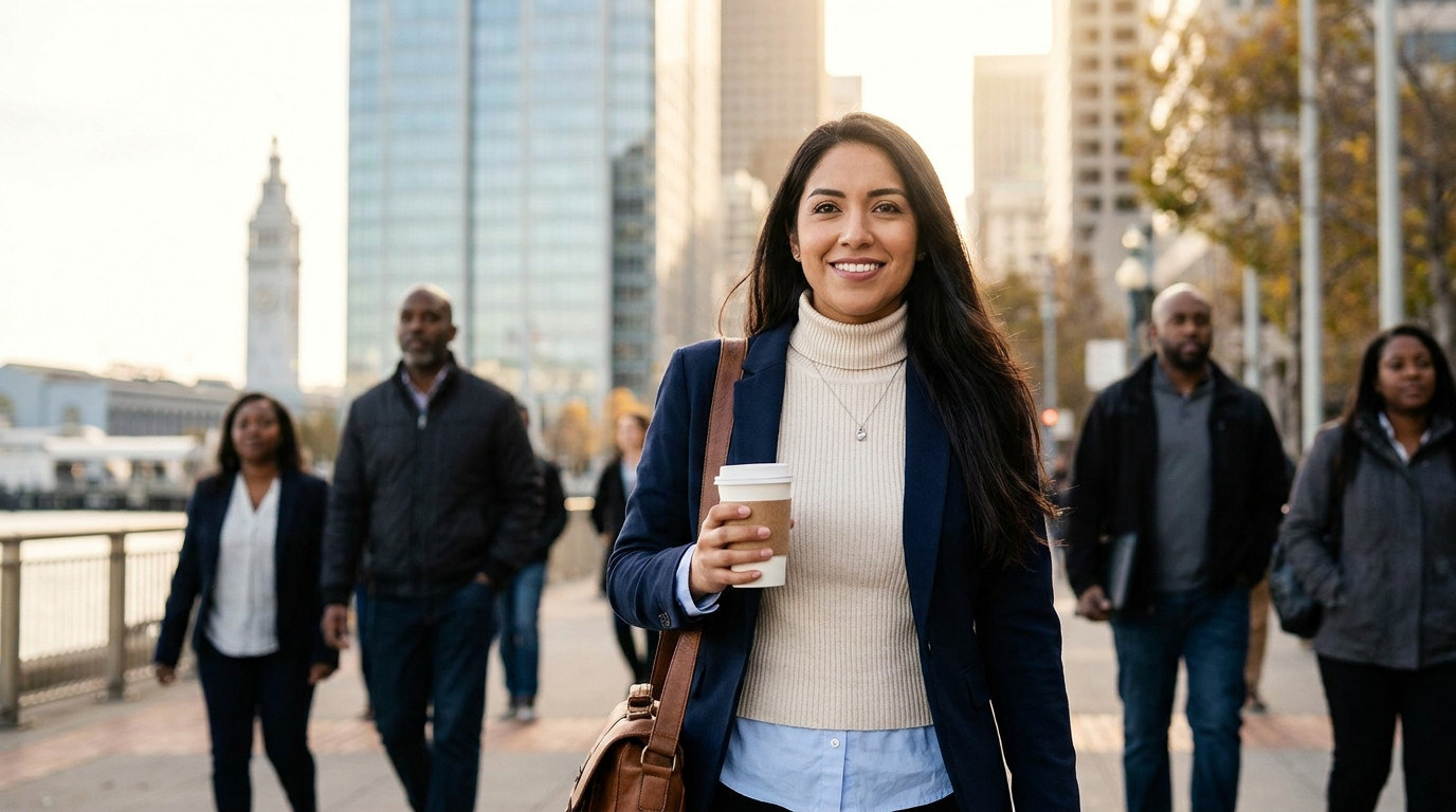 A young professional in a navy blazer and light blue dress shirt walking through a sunlit San Francisco financial distri