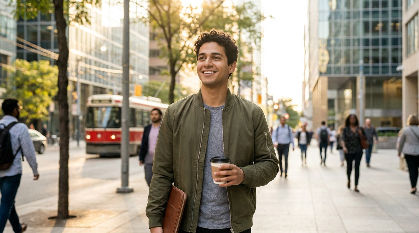 A college student in a dark navy blazer over a simple white dress shirt walking through a sunlit downtown Toronto sidewa
